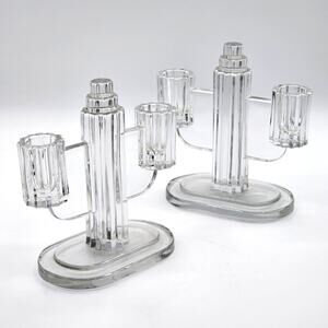 Art Deco Glass Candle Holders Double Arm Clear Vintage Pair Elegant Decor